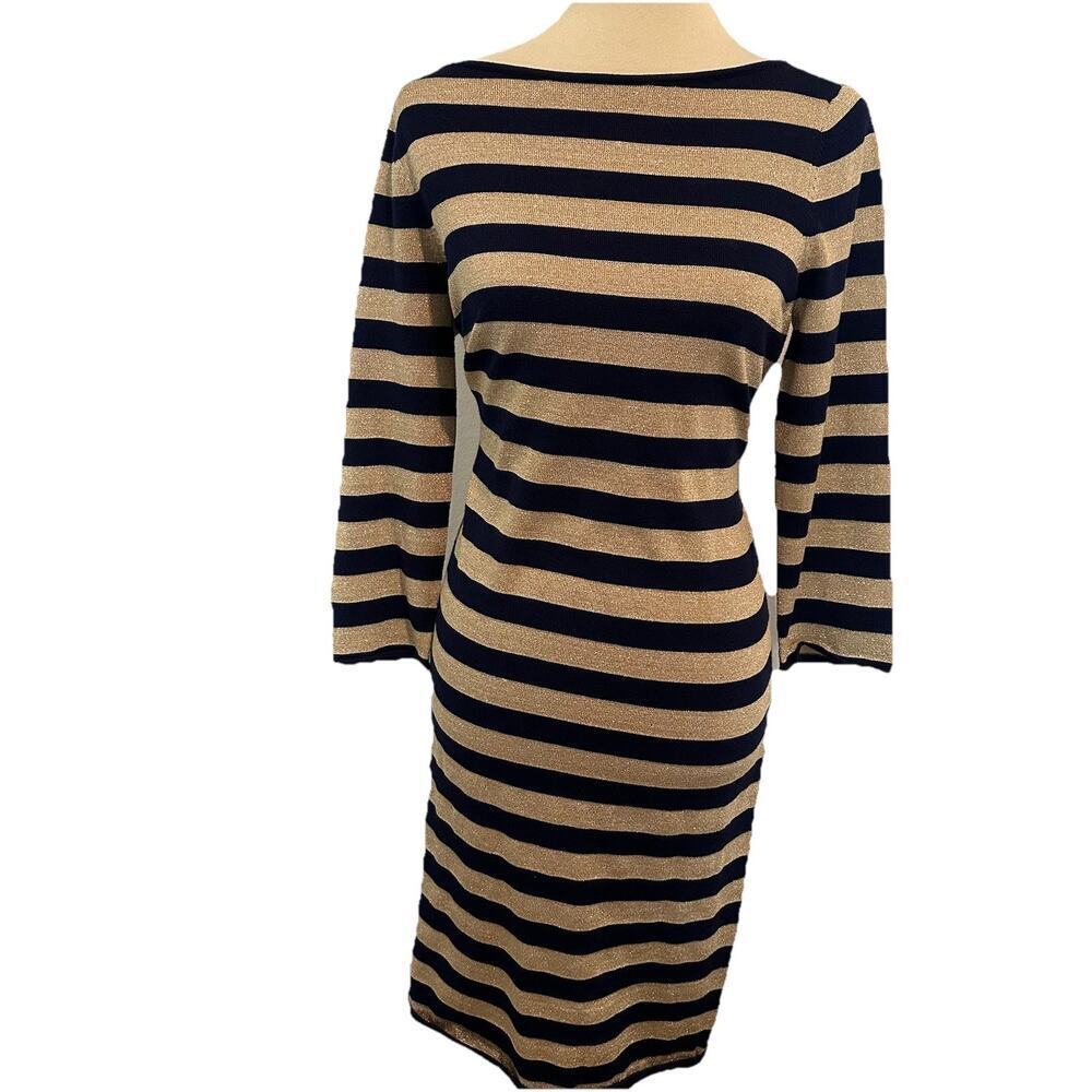 Ralph Lauren Sweater Dress Neutral Metallic Stripes Midi Office Bodycon Casual - Picture 3 of 12